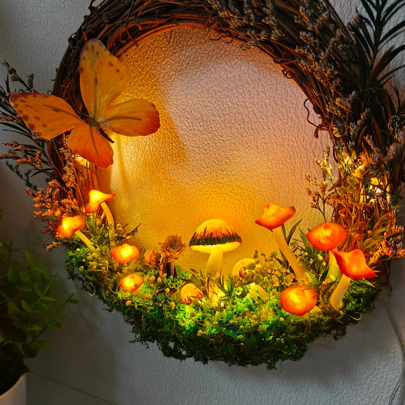 Orange Mushroom Wreath with Light Up Hot Glue Mushroom Wall Art - Image 3