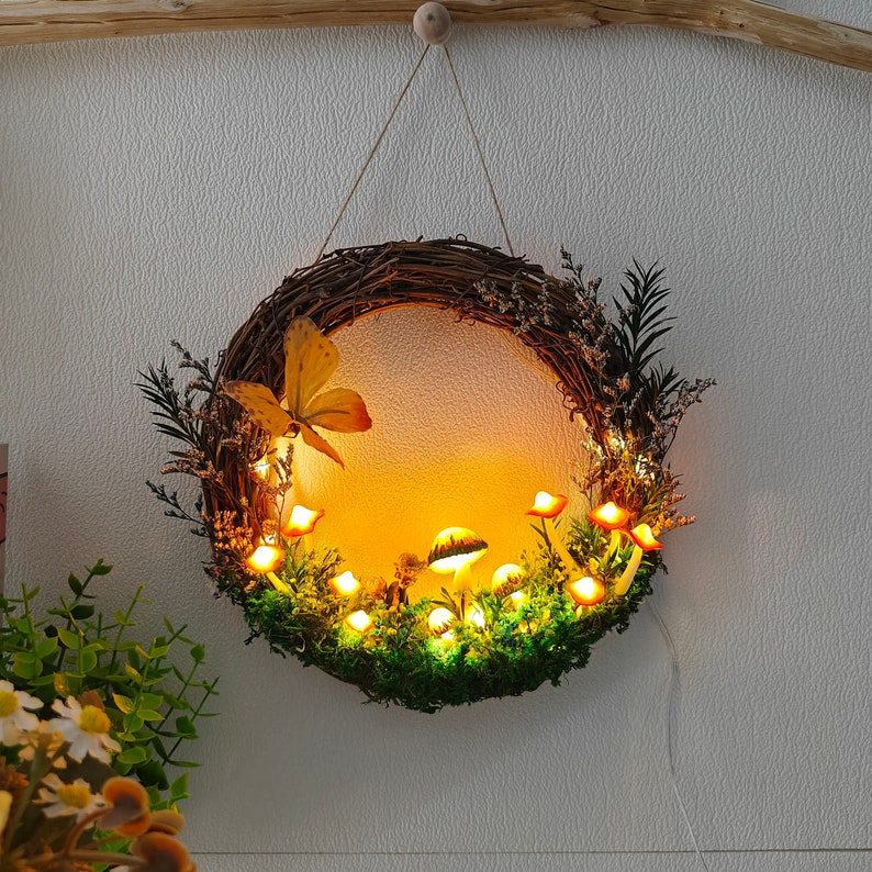 Orange Mushroom Wreath with Light Up Hot Glue Mushroom Wall Art
