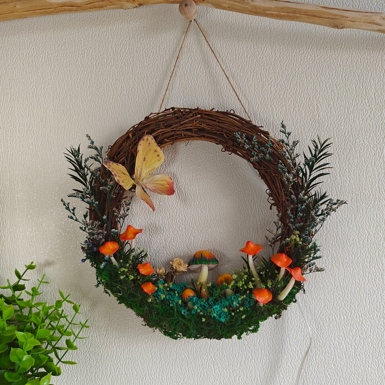 Orange Mushroom Wreath with Light Up Hot Glue Mushroom Wall Art - Image 6