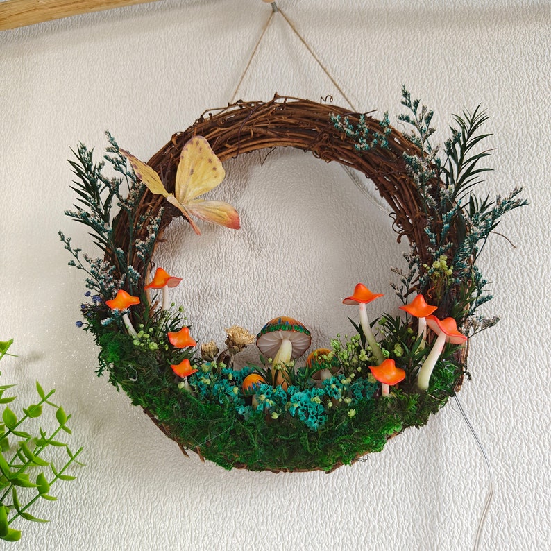 Orange Mushroom Wreath with Light Up Hot Glue Mushroom Wall Art - Image 8