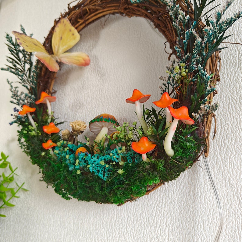 Orange Mushroom Wreath with Light Up Hot Glue Mushroom Wall Art - Image 9