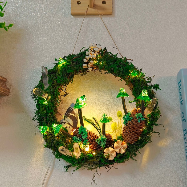 Hand Painted Emerald Green Mushroom Light Wreath Crystal Wreath Fairy