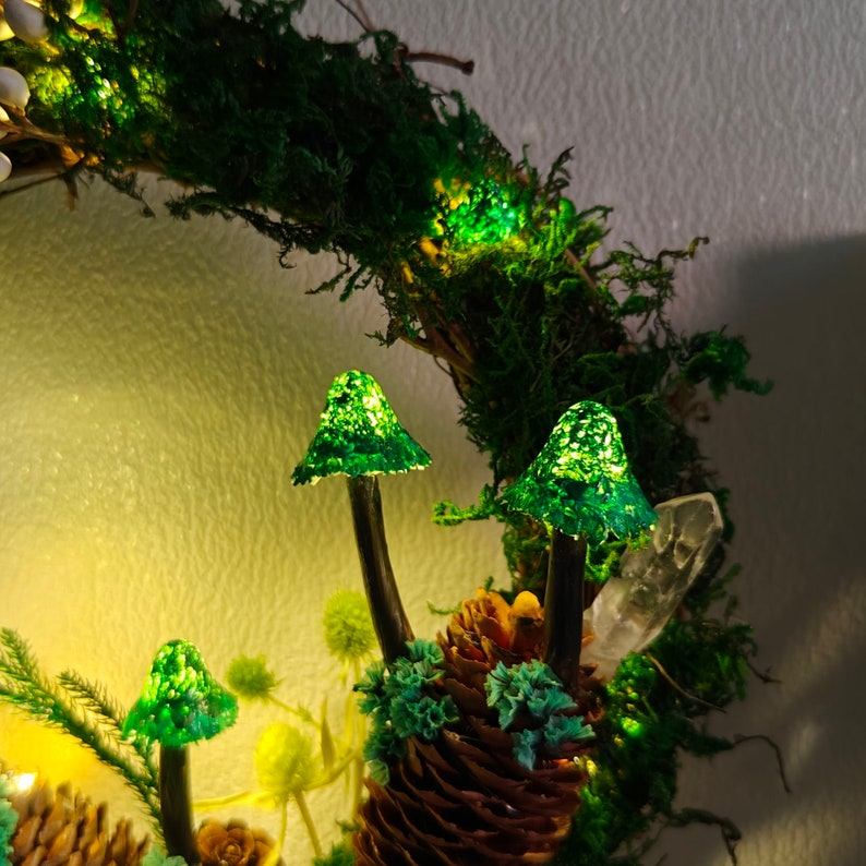 Hand Painted Emerald Green Mushroom Light Wreath Crystal Wreath Fairy - Image 6