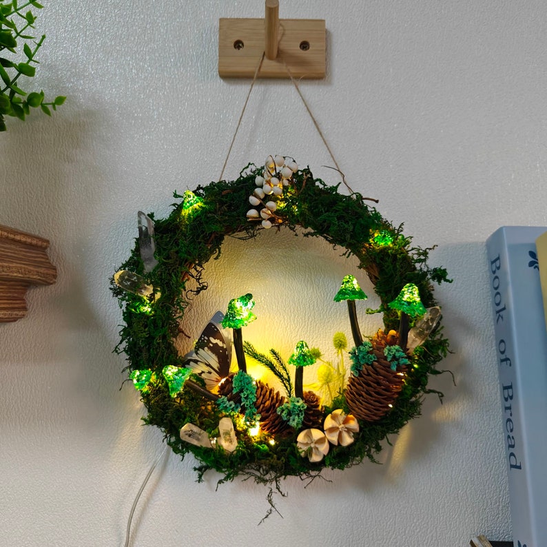 Hand Painted Emerald Green Mushroom Light Wreath Crystal Wreath Fairy - Image 8