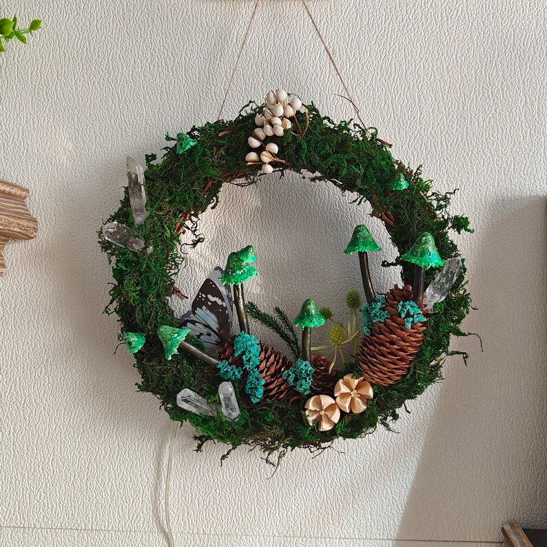 Hand Painted Emerald Green Mushroom Light Wreath Crystal Wreath Fairy - Image 9