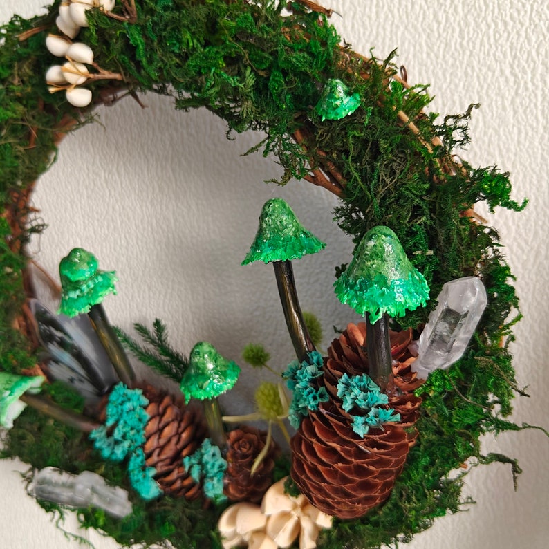 Hand Painted Emerald Green Mushroom Light Wreath Crystal Wreath Fairy - Image 4