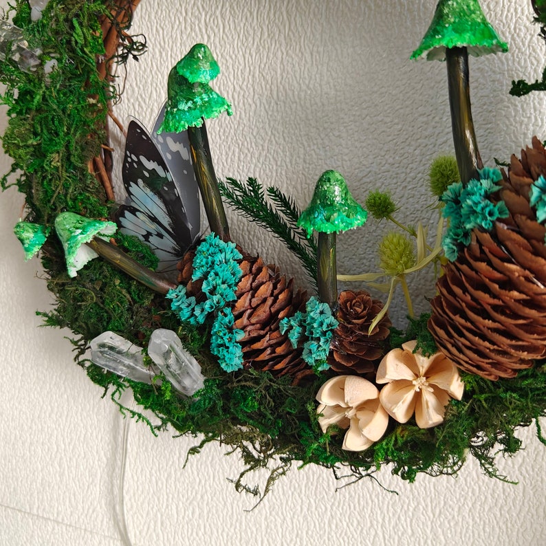 Hand Painted Emerald Green Mushroom Light Wreath Crystal Wreath Fairy - Image 3