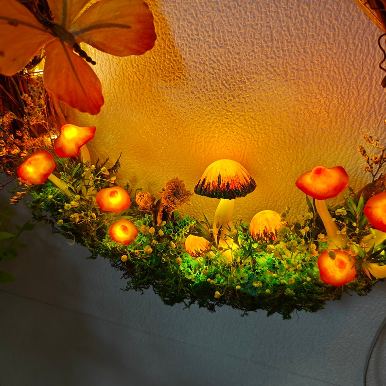 Orange Mushroom Wreath with Light Up Hot Glue Mushroom Wall Art - Image 2