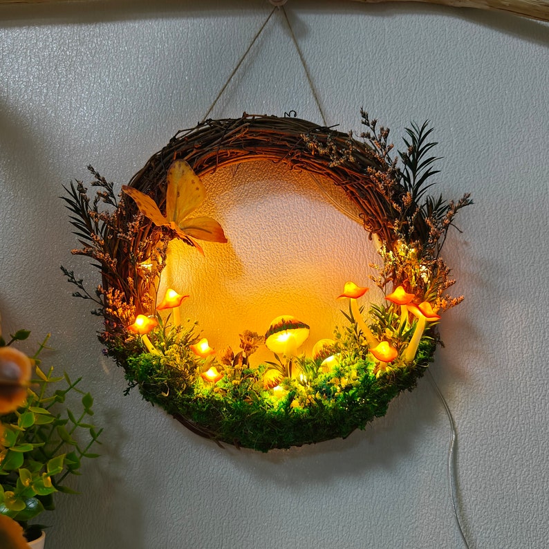 Orange Mushroom Wreath with Light Up Hot Glue Mushroom Wall Art - Image 4