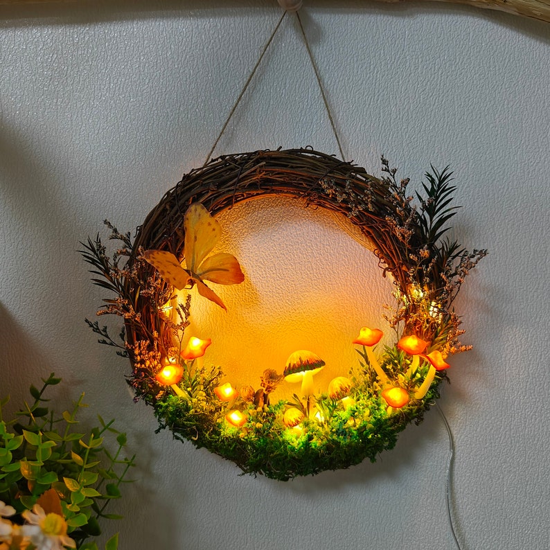 Orange Mushroom Wreath with Light Up Hot Glue Mushroom Wall Art - Image 5