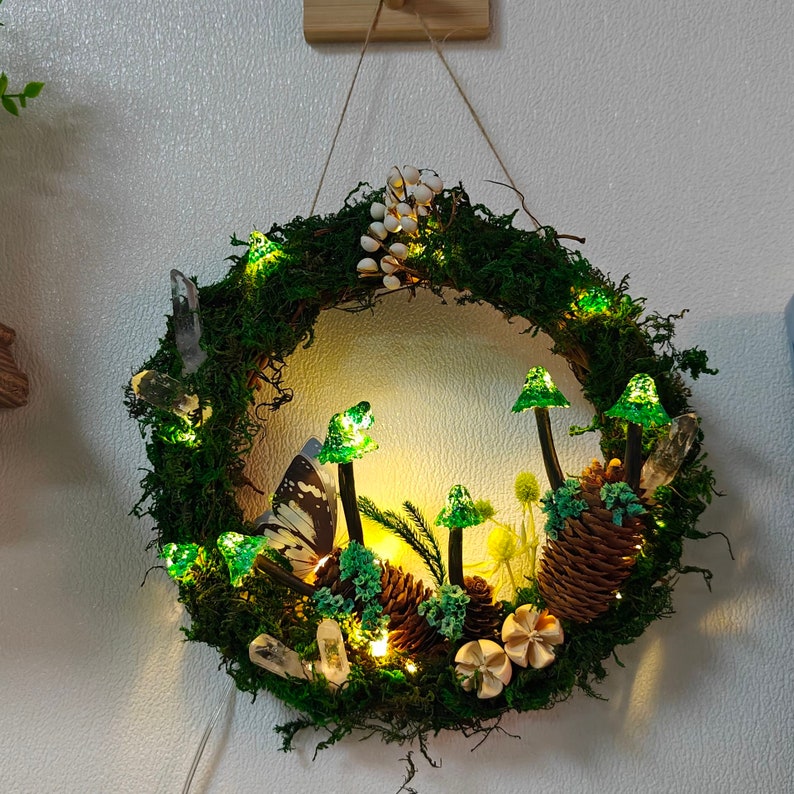 Hand Painted Emerald Green Mushroom Light Wreath Crystal Wreath Fairy - Image 5