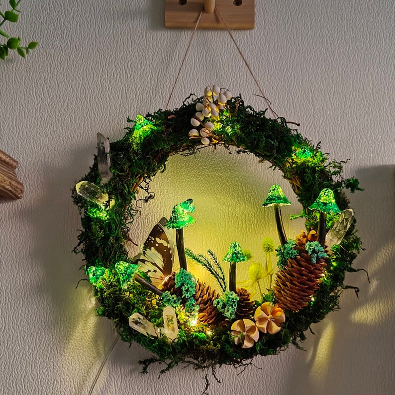 Hand Painted Emerald Green Mushroom Light Wreath Crystal Wreath Fairy - Image 2