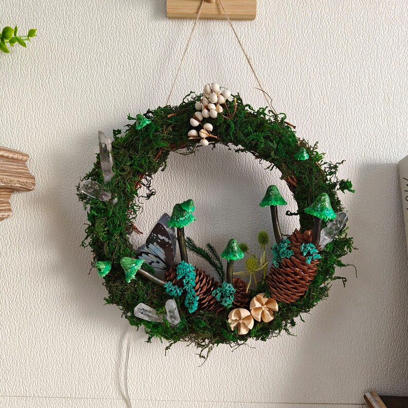 Hand Painted Emerald Green Mushroom Light Wreath Crystal Wreath Fairy - Image 10